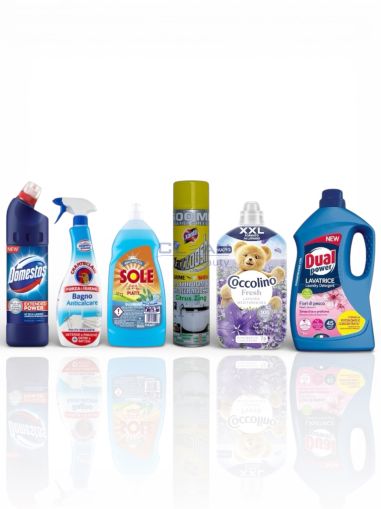 Комплект „Студентски живот“ – гел за пране DUAL POWER, омекотител Coccolino, Domestos дезинфектант, Chante Clair за баня, Sole веро и Xanto пяна за кухня