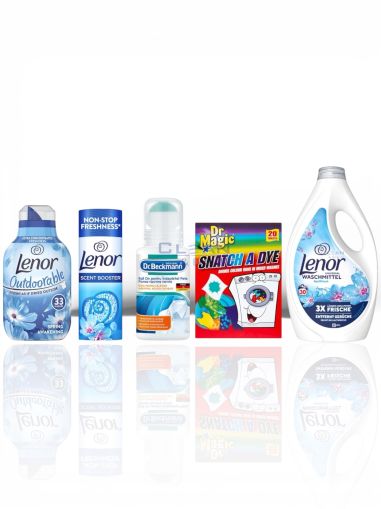 Комплект „Свежо пране всеки ден“ с Lenor гел за пране, омекотител Outdoor Spring Awakening, ароматизиращи перли, Dr Magic кърпички и Dr Beckmann рол он против петна