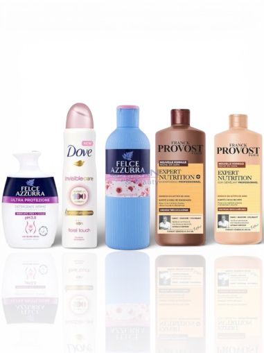 Комплект „Ежедневна грижа & свежест за жени“ с Felce Azzurra Sakura душ гел, Provost шампоан и балсам, интимен сапун и Dove дезодорант