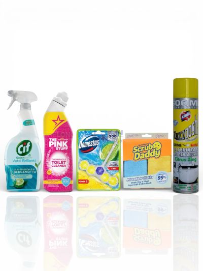 Комплект „Баня без усилия“ – WC гел The Pink Stuff, Domestos WC блокче, Xanto пяна за баня, Cif спрей за стъкло и Scrub Daddy микрофибърни кърпи