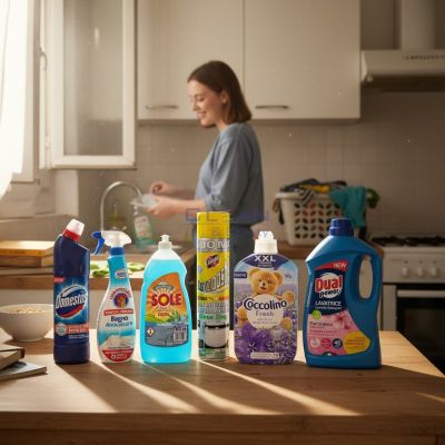 Комплект „Студентски живот“ – гел за пране DUAL POWER, омекотител Coccolino, Domestos дезинфектант, Chante Clair за баня, Sole веро и Xanto пяна за кухня